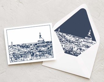 Washington DC Stationery - DC Skyline Note Cards Blank - Washington DC Navy and White