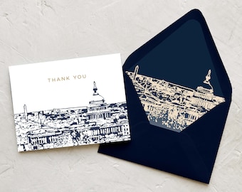 Washington DC Thank You Notes - US Capitol Skyline Thank You Cards - DC Invitation Suite Thank You Notes - Navy and Gold