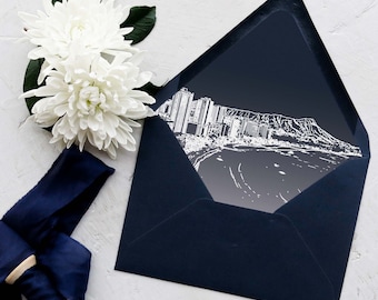 Honolulu Skyline - Lined Envelopes - Hawaii Invitations | Wedding - Navy and White