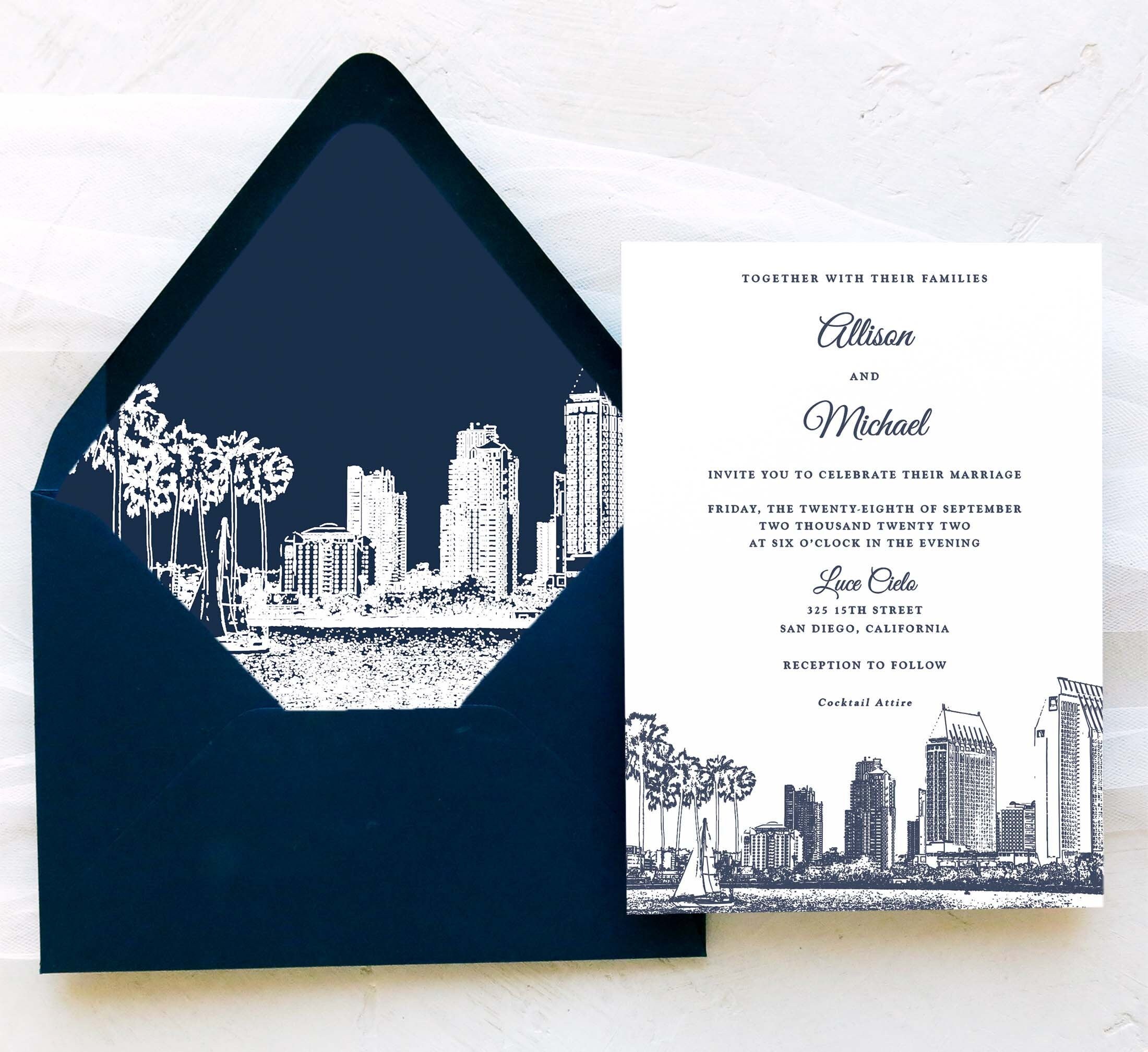 San Diego Wedding Invitation Suite San Diego Skyline Navy Etsy