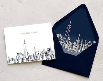 New York City Skyline Thank You Notes - NYC Skyline Thank You Cards - NYC Invitation Suite Thank You Notes - Navy and Gold