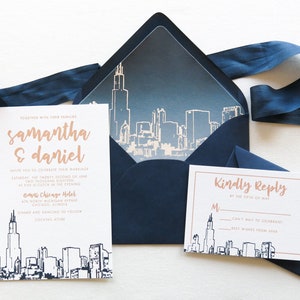 Chicago Skyline Wedding Invitation Suite - Sears Tower / Willis Tower - Navy and Gold