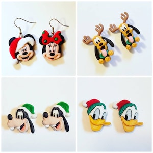 May include: A set of 10 Christmas-themed character earrings. The earrings feature Mickey Mouse, Minnie Mouse, Goofy, and Donald Duck wearing Santa hats. The earrings are made of polymer clay and are perfect for adding a festive touch to any outfit.