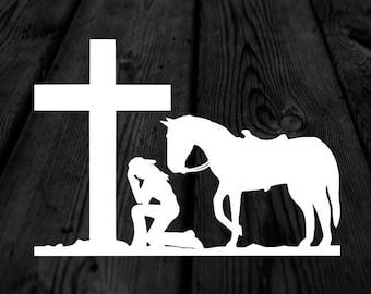 Cowgirl and Horse at Cross Decal | Woman Visiting Cross Decal | Girl at the Cross Decal | Car Decal | Car Sticker | 164
