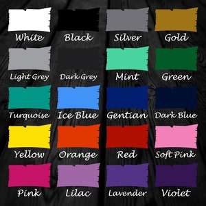 May include: A color chart featuring 20 different colors, each displayed on a torn paper-like shape with the color name in white script. Colors include white, black, silver, gold, light grey, dark grey, mint, green, turquoise, ice blue, gentian, dark blue, yellow, orange, red, soft pink, pink, lilac, lavender, and violet.