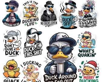 May include: A set of 12 digital clipart images featuring cartoon ducks with various sayings. The sayings include "Ducking Life", "No Ducks Given", "Duck Off", "Happy Ducking Birthday", "I Don't Give A Duck", "Duck This Shit", "You Quack Me Up", "I Ducking Love You", "Duck Around And Find Out", "What's Quakin', "Merry Ducking Christmas", and "Ducking Try Me".