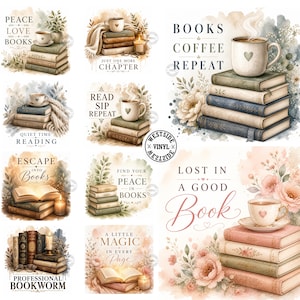 May include: A collection of watercolour illustrations depicting books, coffee cups, and floral arrangements. Text includes phrases such as "Peace, Love, Books" and "Books, Coffee, Repeat." The images create a cosy, literary atmosphere.