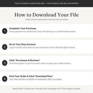 May include: An instructional graphic titled How to Download Your File, outlining four numbered steps for accessing digital purchases on Etsy. The text details the process from completing a purchase to locating files within the account menu.