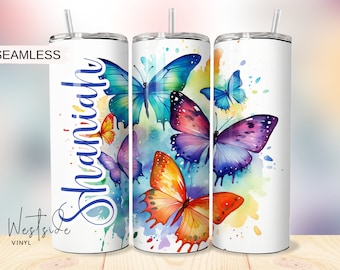 Fondo personalizado para vasos con nombre - Archivos de sublimación para vasos - Añade tu nombre - Plantillas de diseño para vasos de 20 oz - Archivos de sublimación con mariposa