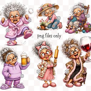 Könnte beinhalten: Eine Sammlung skurriler Illustrationen, die eine ältere Frau in verschiedenen Szenarien zeigen. Sie wird in einem rosa Bademantel, beim Gärtnern, Stricken, mit einem Bier, einem Nudelholz und einem Weinglas dargestellt. Der Text "png files only" ist sichtbar.