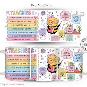 Puede incluir: Un diseño de envoltura para taza de 325 ml con una abeja de dibujos animados con gafas, libros y texto motivacional para docentes. El gráfico colorido incluye frases como 'I make a difference every single day' sobre un fondo blanco.