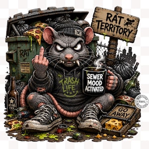 May include: Illustration of a rat in a beanie and hoodie, giving the middle finger. The rat sits in front of a dumpster and holds a mug that says "SEWER MOOD ACTIVATED." A sign reads "RAT TERRITORY."