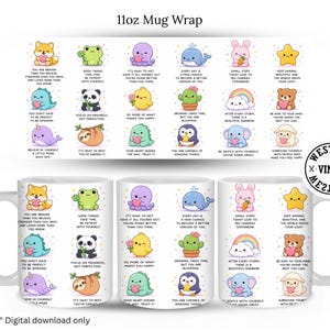 Può includere: Un design digitale per tazze da 11oz con una griglia di simpatici animali dei cartoni animati, stelle e citazioni motivazionali. I personaggi includono una volpe, una rana, un polpo, una balena, un coniglietto e un panda con testi motivanti.