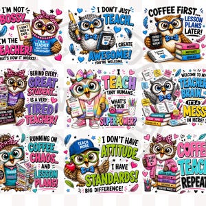 Könnte beinhalten: Eine Sammlung farbenfroher Cartoon-Eulen-Illustrationen mit verschiedenen Lehrer-Themenzitaten. Die Eulen sind mit Brillen, Schleifen und Gegenständen wie Bleistiften, Büchern und Kaffeetassen dargestellt. Der Text enthält Sätze wie "Teacher Brain" und "Coffee Teach Repeat."