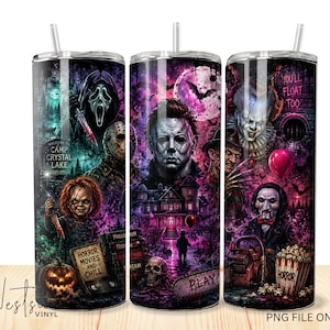May include: A cylindrical tumbler featuring a vibrant, dark-themed collage of horror movie characters, including a masked figure with a knife, a doll, a skull, and a clown with a red balloon, set against a purple and black background with text.