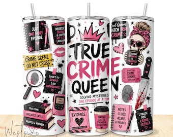May include: A white cylindrical tumbler featuring a true crime theme with pink and black graphics. Designs include a skull with a pink headband, a knife, a magnifying glass, books, coffee cups, and text such as TRUE CRIME QUEEN, EVIDENCE, and CRIME SCENE DO NOT CROSS.