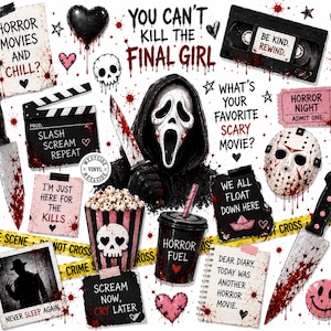 May include: A collection of horror-themed graphic elements including a masked figure with a knife, a bloody hockey mask, knives, a popcorn bucket with a skull, a VHS tape labeled BE KIND. REWIND., and various notes with text like YOU CAN'T KILL THE FINAL GIRL.