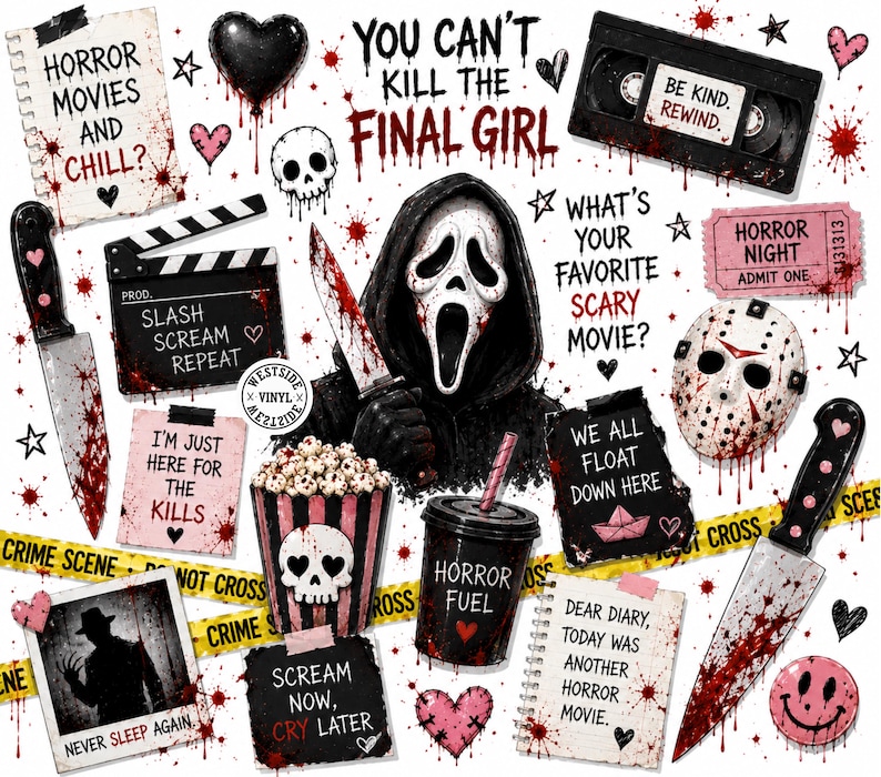 May include: A collection of horror-themed graphic elements including a masked figure with a knife, a bloody hockey mask, knives, a popcorn bucket with a skull, a VHS tape labeled BE KIND. REWIND., and various notes with text like YOU CAN'T KILL THE FINAL GIRL.