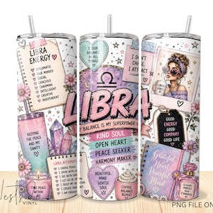 Peut inclure: Trois gobelets cylindriques sur le thème du signe astrologique Balance avec des couleurs pastel rose, violet et bleu. Les motifs incluent des textes comme LIBRA ENERGY, LIBRA et LIBRA AFFIRMATIONS, ainsi que des cristaux, fleurs, cœurs, étoiles et une personne tenant une tasse.