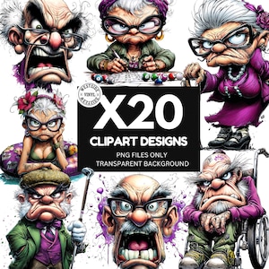 May include: A digital art compilation featuring cartoon illustrations of grumpy elderly characters. The images include a variety of characters, some wearing glasses, and some are in wheelchairs. The text "X20 CLIPART DESIGNS" is also visible.