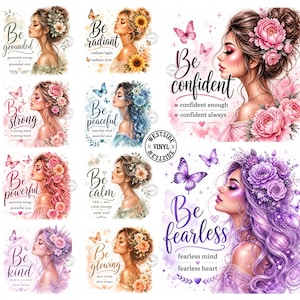 Può includere: Una collezione di illustrazioni ad acquerello con donne con capelli floreali e frasi ispiratrici come "Be grounded", "Be strong" e "Be fearless". Ogni disegno include farfalle e palette di colori tenui.