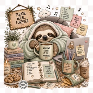 Puede incluir: Ilustración caprichosa de un perezoso con una bata, sosteniendo una taza de café que dice "Working Slowly Is Still Working". La imagen incluye una computadora portátil, un bloc de notas, bocadillos y un letrero que dice "Please Hold... Forever".
