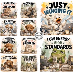 Op de afbeelding: Een verzameling humoristische digitale kunstprints met dieren in kantooromgevingen. Elke print bevat tekst zoals "Deze vergadering had een e-mail kunnen zijn" en "Just winging it". De prints zijn kleurrijk en grillig.