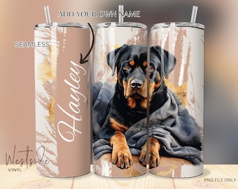 Diseño de perro Rottweiler, añade tu propio nombre para vaso térmico - el comprador puede añadir el nombre que desee después de la compra - diseños de vasos térmicos, envolturas sublimadas sin costuras
