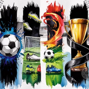 May include: A watercolor illustration of a soccer theme with a gold trophy, soccer balls, cleats, and a goal. The background is a blurred image of a soccer stadium. The text "Westside Vinyl" is in the lower right corner.