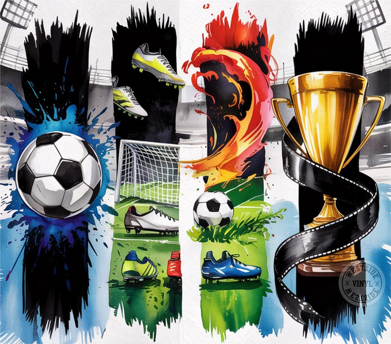 May include: A watercolor illustration of a soccer theme with a gold trophy, soccer balls, cleats, and a goal. The background is a blurred image of a soccer stadium. The text "Westside Vinyl" is in the lower right corner.