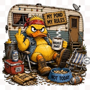 May include: A cartoon illustration of an angry yellow duck wearing a red bandana and denim vest, giving the middle finger. The duck is sitting in a chair in front of a trailer with the text "MY POND MY RULES". The duck is holding a mug that says "WADDLE AWAY".