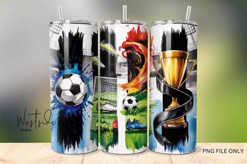 May include: Three sublimation tumblers with a soccer theme. The tumblers feature a soccer ball, a trophy, and a soccer player. The background is a watercolor design with splashes of blue, red, and green.