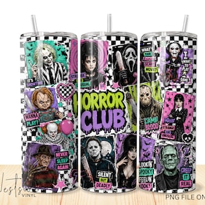 May include: A cylindrical tumbler featuring a black and white checkered pattern background with various horror movie characters, including Beetlejuice, Chucky, Pennywise, Freddy Krueger, Ghostface, Jason Voorhees, and Elvira, with the text Horror Club.
