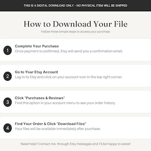 May include: An instructional graphic titled How to Download Your File, outlining four numbered steps for accessing digital purchases on Etsy. The text details the process from completing a purchase to locating files within the account menu.