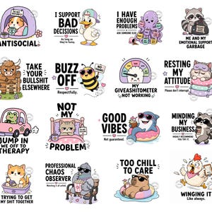 Pode incluir: Uma coleção de dezasseis autocolantes de vinil coloridos com animais de desenhos animados e textos humorísticos. As personagens incluem um porquinho-da-índia, pato, polvo, guaxinim, vaca, abelha, gato, rã, tubarão, pombo, capivara e galinha com várias legendas engraçadas.