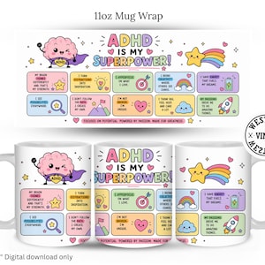 Op de afbeelding: Een 312 ml mok-ontwerp met een cartoonbrein in een cape, een vallende ster en de kleurrijke tekst ADHD IS MY SUPERPOWER! met diverse positieve affirmaties in pastelkleurige vakjes, inclusief iconen van een doelwit, regenboog en raket.