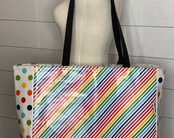 Cactus and blue Swiss dot Oilcloth tote