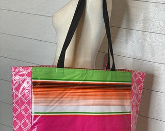 Cactus and blue Swiss dot Oilcloth tote