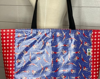 Cactus and blue Swiss dot Oilcloth tote