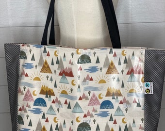 Cactus and blue Swiss dot Oilcloth tote