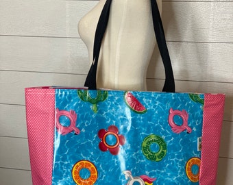 Cactus and blue Swiss dot Oilcloth tote