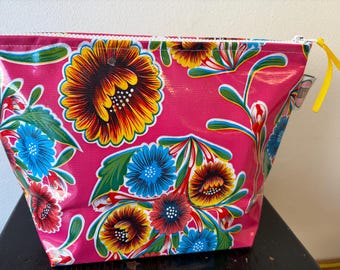 Bloom floral oilcloth Zip Pouch, Waterproof , sunscreen, Makeup Bag, Stands Up