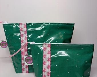 Set of green dot with pink floral zip it bags ribbon. Make up toiletries bag, waterproof bathroom bag, preppy easy to clean