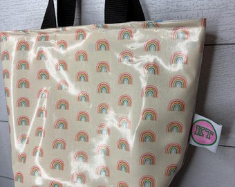 Rainbow tote reversible with light blue oilcloth, Laminated cotton tote