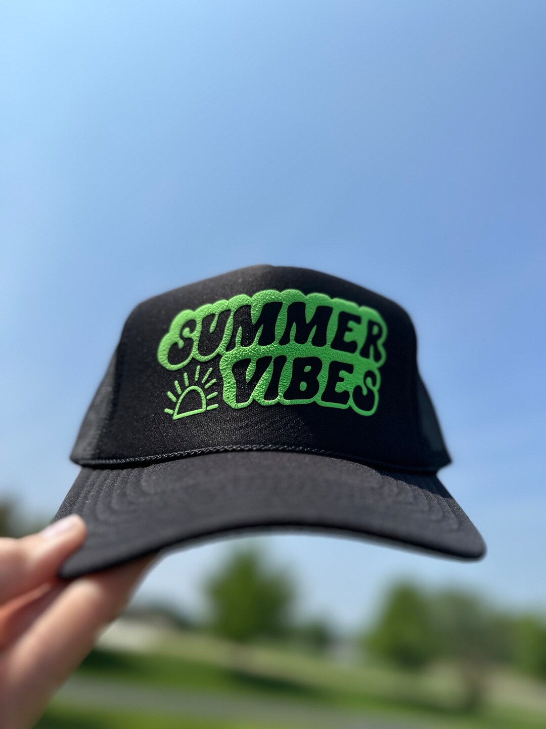 Summer Vibe Only Embroidered Two-Tone Trucker Hat, Light Denim