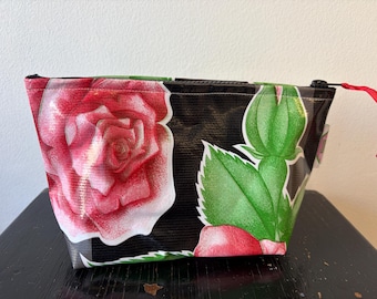 Black Rose oilcloth cosmetic pouch.  Waterproof Makeup, toiletry, pencil zip bag.