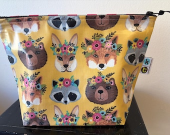 Woodland Animals Laminated Cotton and oilcloth Pouch, Makeup, Toiletries zip Bag