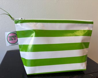 Green Stripe oilcloth Makeup Bag.  Waterproof Cosmetic, make up, toiletries Pouch, zip bag
