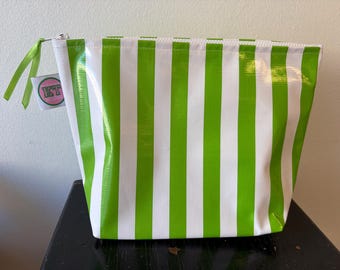 Green Stripe Oilcloth Zip Pouch. Makeup, toiletries waterproof zip bag.