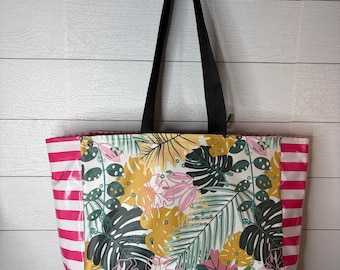 Beach bag palm leaf oilcloth, waterproof lake tote, reversible tote, easy clean structured carry on bag